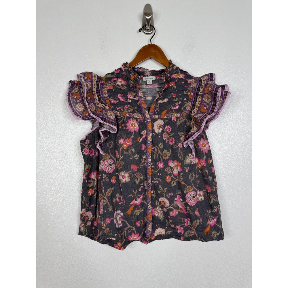 Sundance Floral Ruffle Sleeve Cotton Blouse Gray Pink Boho Bird Print Small